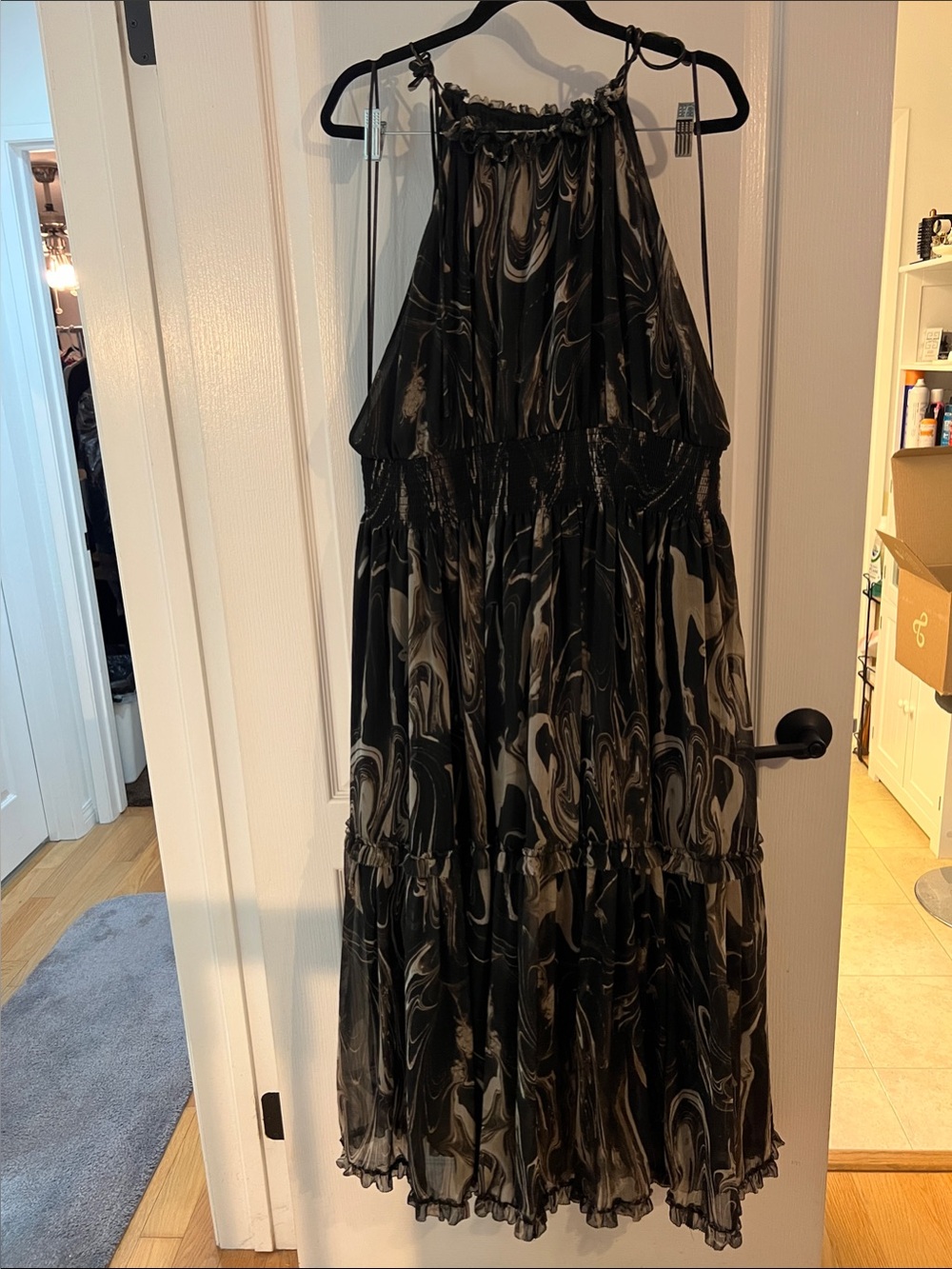 Banana Republic Black and Cream Marble-Print Halter Maxi Dress